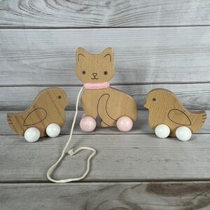 Lot of 3 Hallmark Wooden Pull Push Along Kitten Kitty Cat Birds Rolling Toys